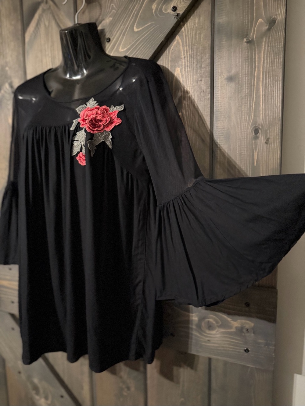 Truth NYC Black mesh blouse with red rose embroidery, size M